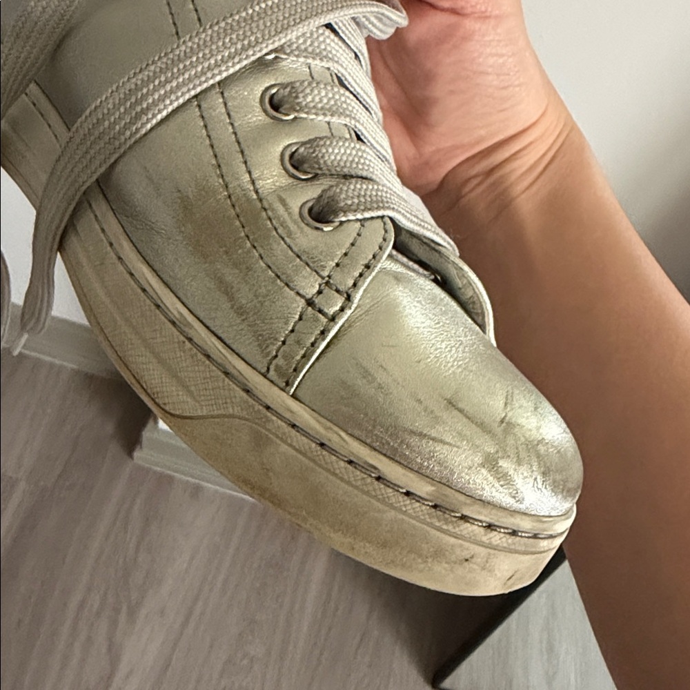 Prada Metallic Silver Leather Low Top Sneakers, size 38.5 - Picture 10 of 15